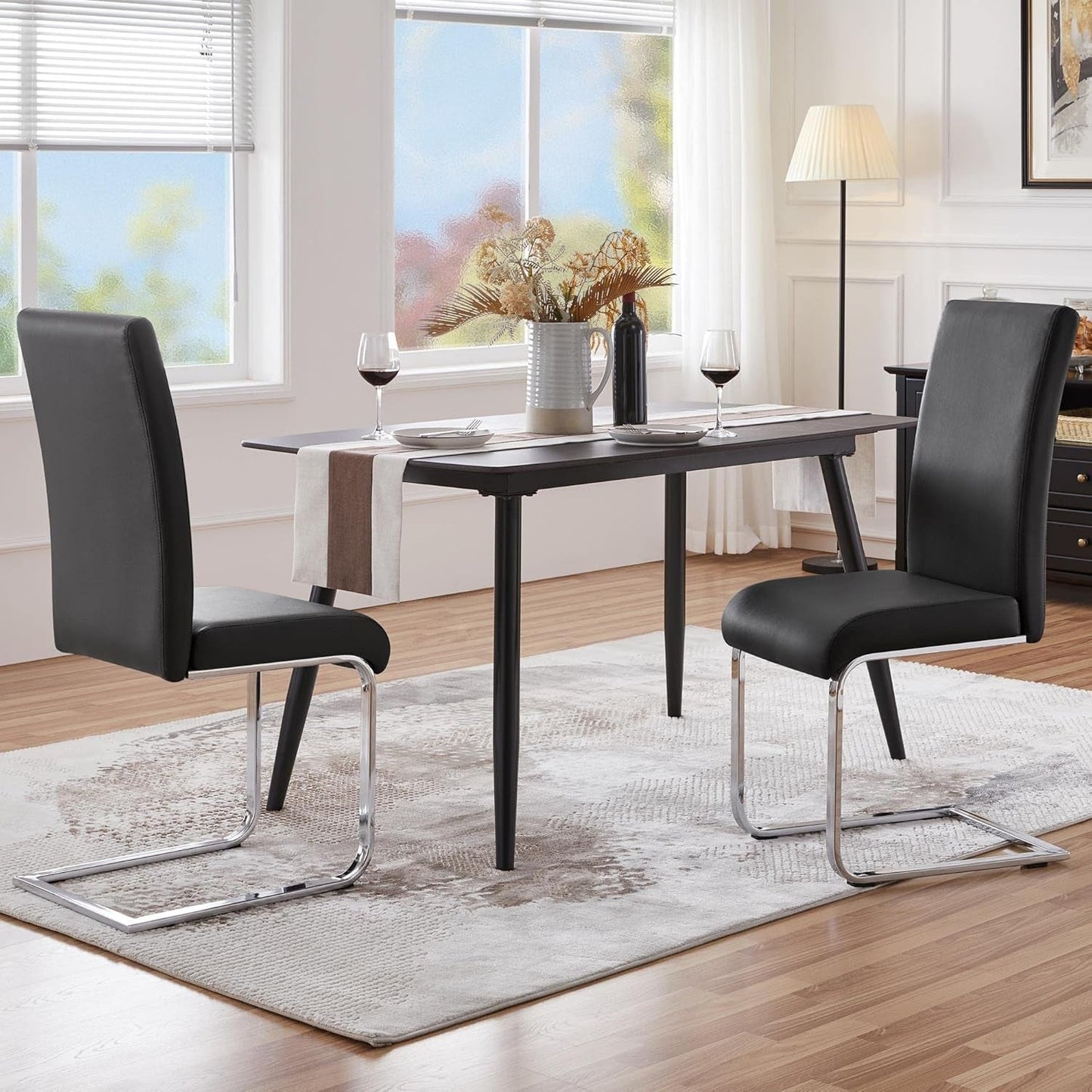 Leather Upholstered Dining Chairs Set Of 2 With Metal Legs Black