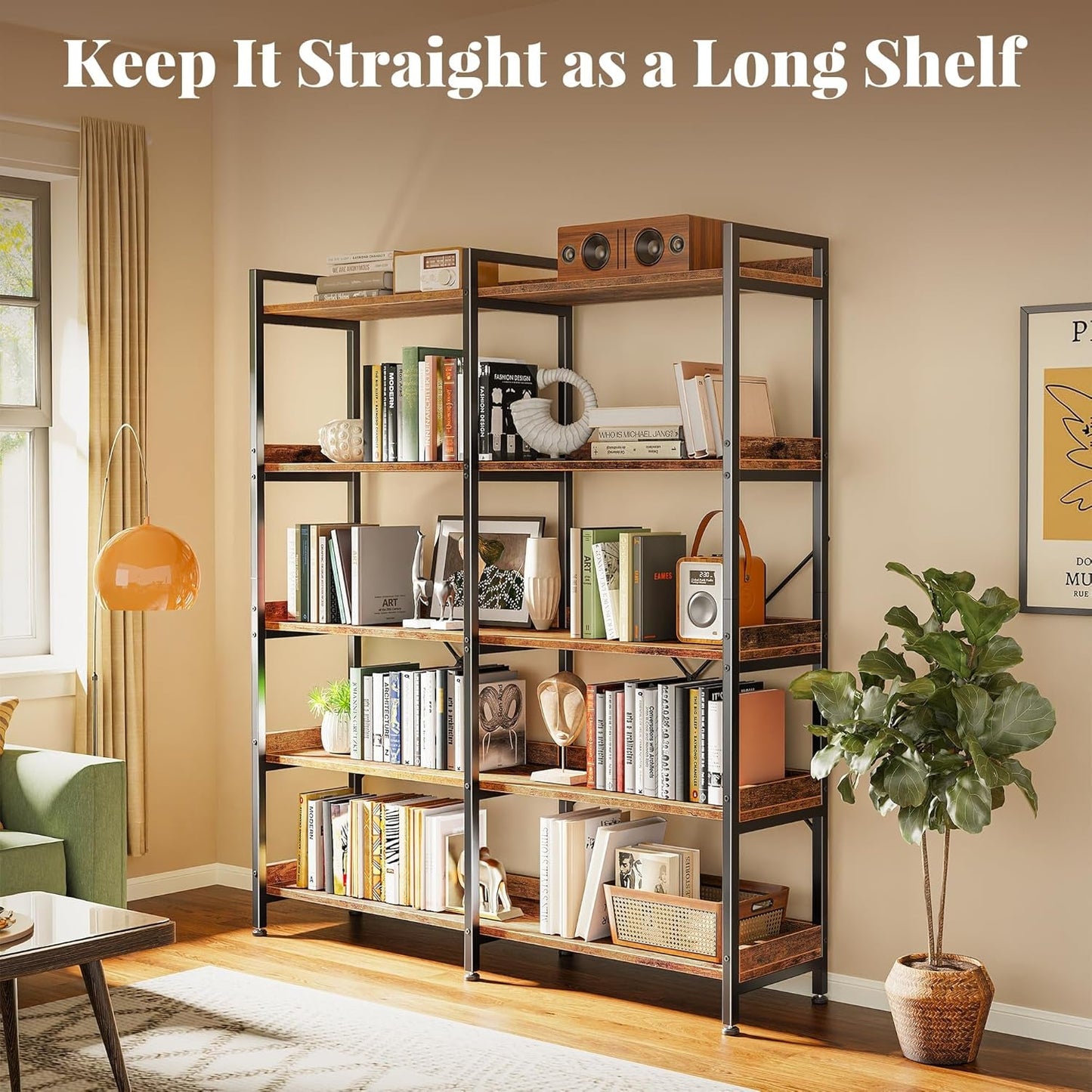 Rustic Brown 5 Tier Bookcase With Raised Edges For Living Room
